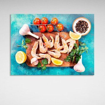 Картина для кухні Креветки, часник, помідори на полотні 10605 фото