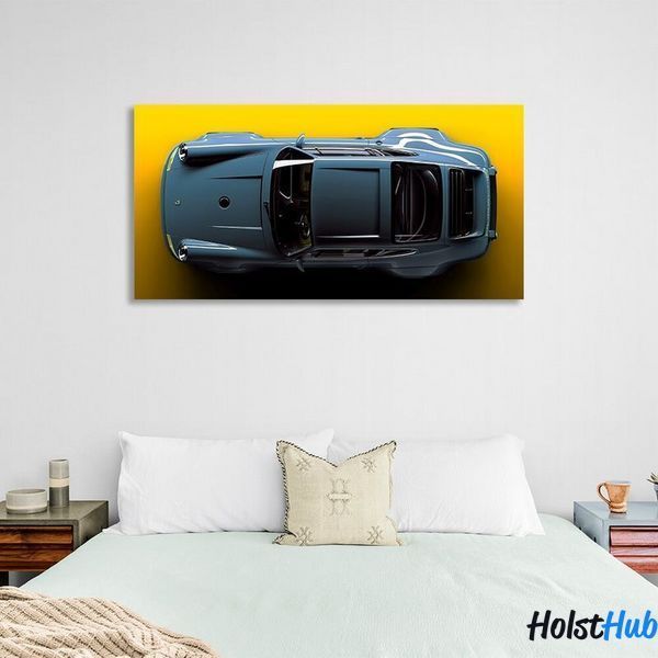 Картина на стену интерьерная автомобиль Porsche 911 голубой Порше на желтом фоне на холсте 10193 фото