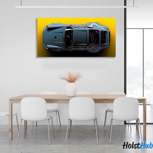 Картина на стену интерьерная автомобиль Porsche 911 голубой Порше на желтом фоне на холсте 10193 фото