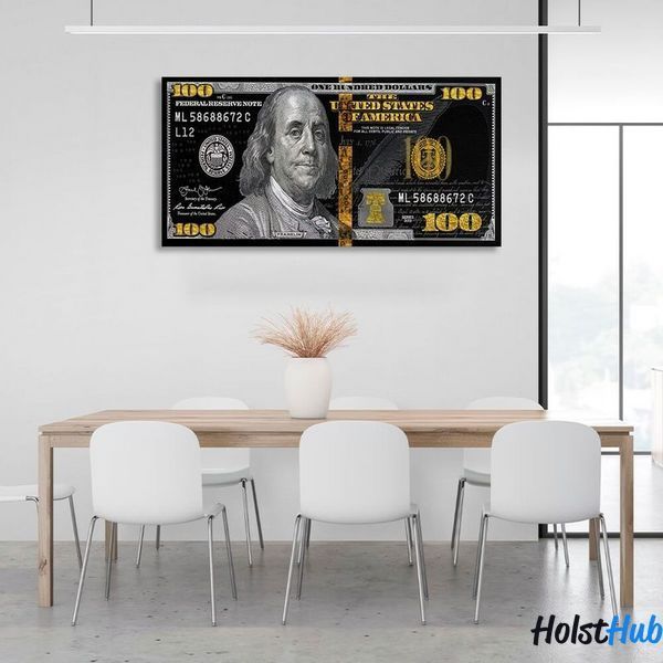 Картина 100 доларів чорний, сірий та золотий на полотні 10702 фото