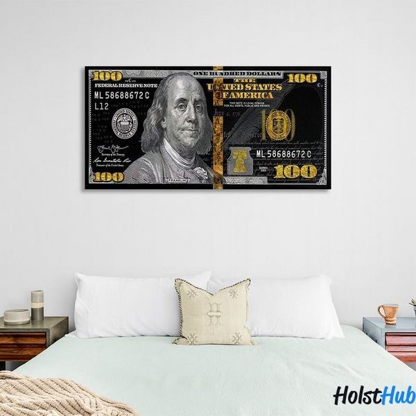 Картина 100 доларів чорний, сірий та золотий на полотні 10702 фото