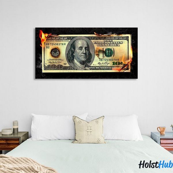 Картина на стену в офис для мотивации Горящие деньги 100 долларов на холсте 10158 фото