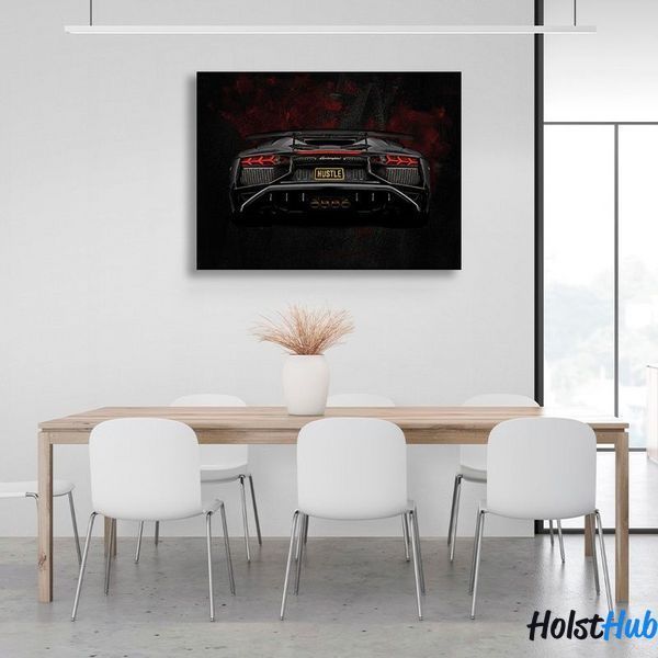 Картина Lamborghini Aventador вид сзади на черно-бордовом фоне на холсте 11642 фото