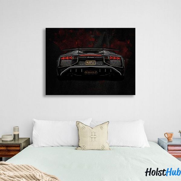 Картина Lamborghini Aventador вид сзади на черно-бордовом фоне на холсте 11642 фото