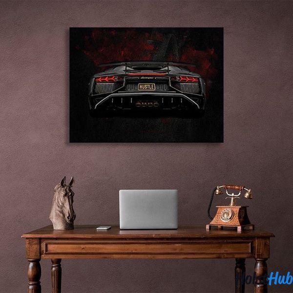 Картина Lamborghini Aventador вид сзади на черно-бордовом фоне на холсте 11642 фото