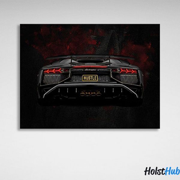 Картина Lamborghini Aventador вид сзади на черно-бордовом фоне на холсте 11642 фото