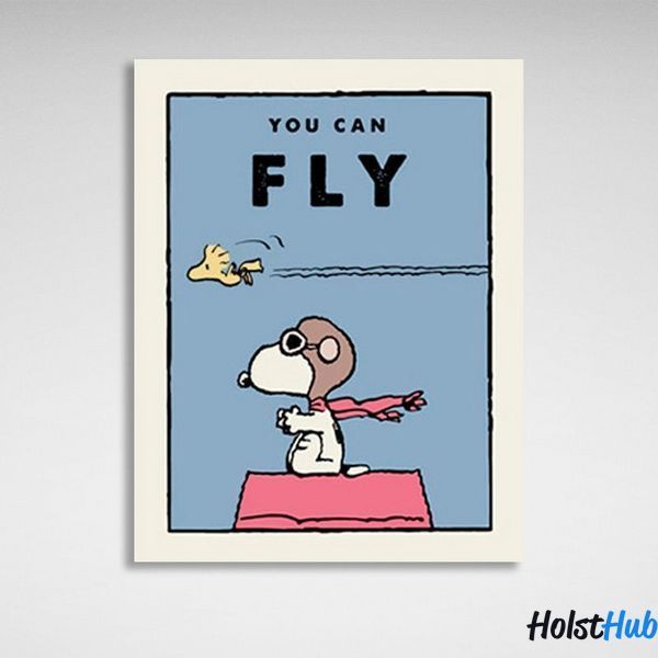 Картина собачка и птичка с надписью YOU CAN FLY на холсте 11799 фото