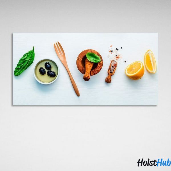 Картина для кухні Спеції, лимон та оливки на полотні 10479 фото
