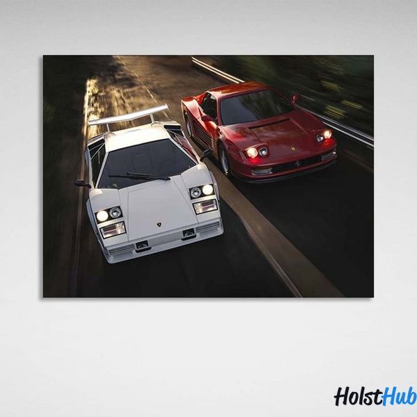 Картина машины Ferrari Testarossa vs Lamborghini Countach на холсте 12127 фото
