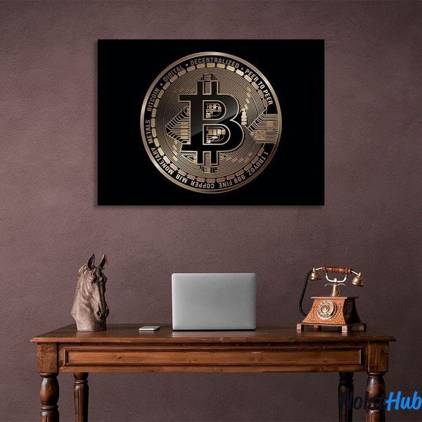 Картина Золота монета Bitcoin на чорному фоні на полотні 11586 фото