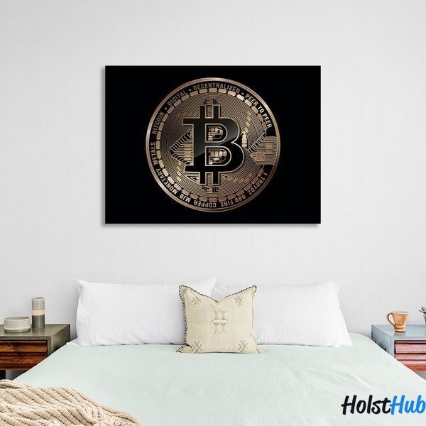 Картина Золота монета Bitcoin на чорному фоні на полотні 11586 фото