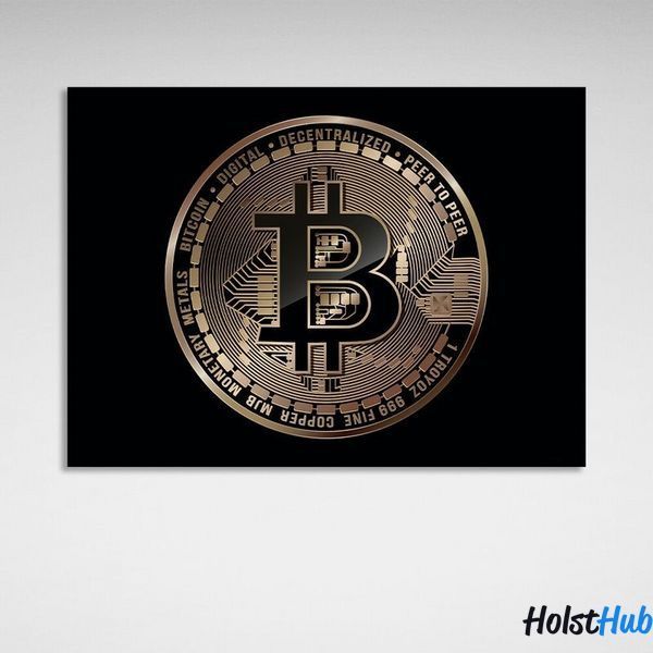 Картина Золота монета Bitcoin на чорному фоні на полотні 11586 фото