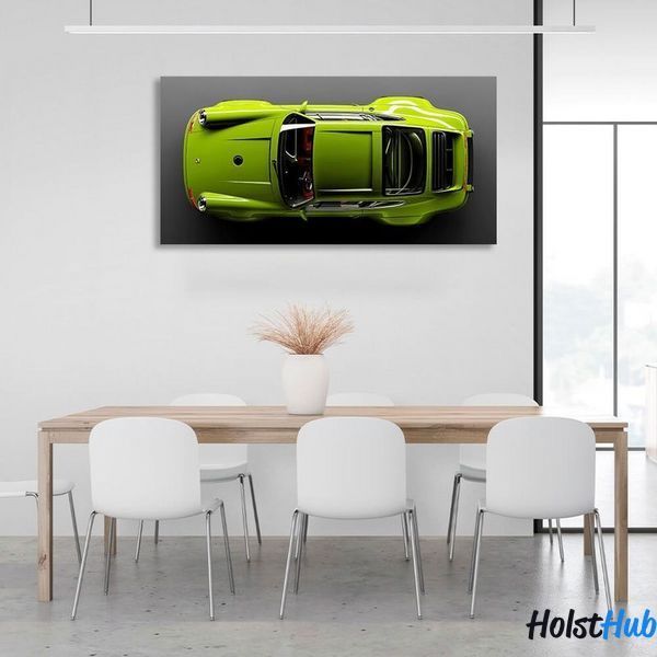 Картина на стену интерьерная автомобиль Porsche 911 салатовый зеленый Порше на сером фоне на холсте 10195 фото