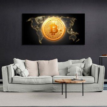 Картина Золота монета Bitcoin фоні карти на полотні 10503 фото