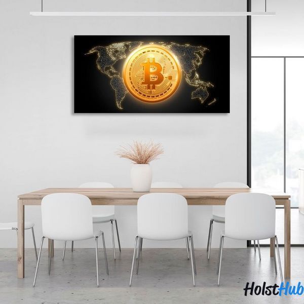 Картина Золотая монета Bitcoin фоне карты на холсте 10503 фото
