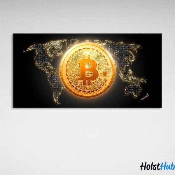 Картина Золотая монета Bitcoin фоне карты на холсте 10503 фото