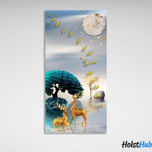 Картина абстракция два золотых оленя в реке с сине-зеленным деревом на холсте 10247 фото