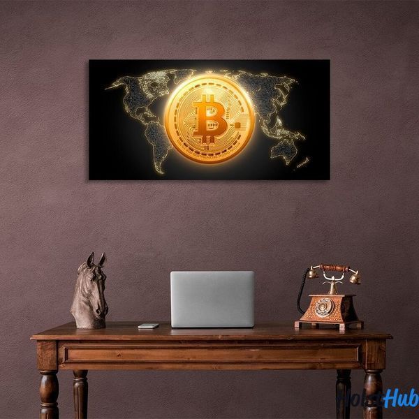 Картина Золотая монета Bitcoin фоне карты на холсте 10503 фото