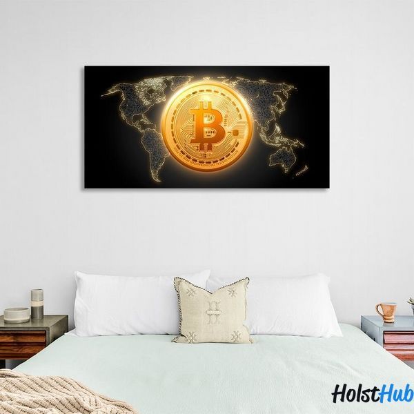 Картина Золотая монета Bitcoin фоне карты на холсте 10503 фото