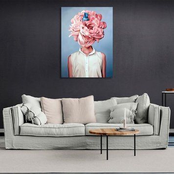 Картина интерьерная Женщина цветы и птица голубая на холсте 11572 фото