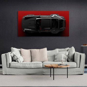 Картина на стіну інтер'єрна автомобіль Porsche 911 темно-сірий Порше на червоному тлі на полотні 10196 фото