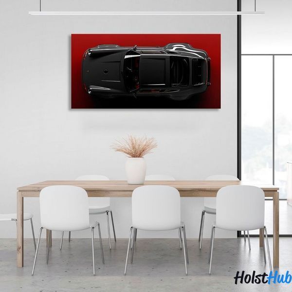 Картина на стіну інтер'єрна автомобіль Porsche 911 темно-сірий Порше на червоному тлі на полотні 10196 фото
