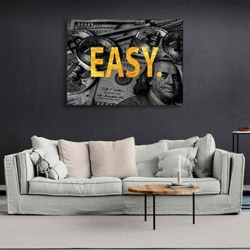 Картина напис "EASY." на тлі монет біткоїна доларів на полотні 11623 фото