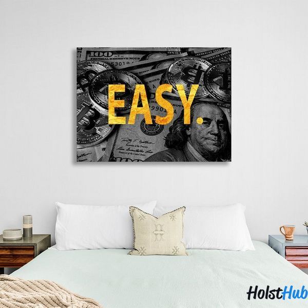 Картина напис "EASY." на тлі монет біткоїна доларів на полотні 11623 фото