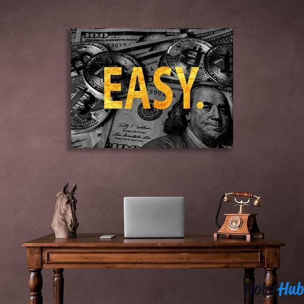 Картина напис "EASY." на тлі монет біткоїна доларів на полотні 11623 фото