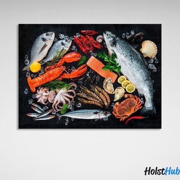 Картина морепродукты на черной поверхности на холсте 10867 фото